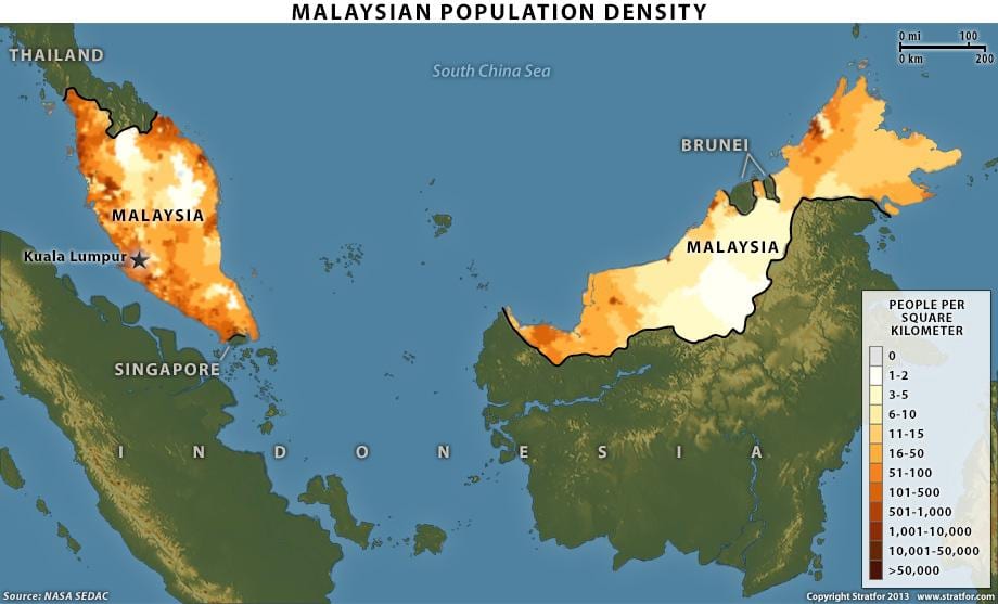 maleisiese bevolkingsdigtheid kaart